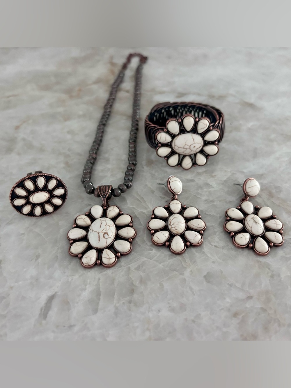 Western/Boho White Stone Flower Jewelry Set